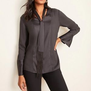 ANN TAYLOR Fringle Tie Neck Mixed Media Blouse